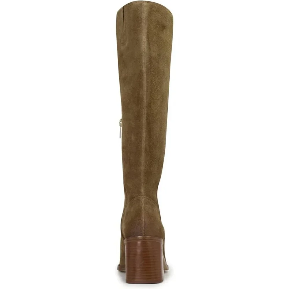 Women Dusty Green Polyurethane Knee High Square Toe Side Zipper Block Heel Boot